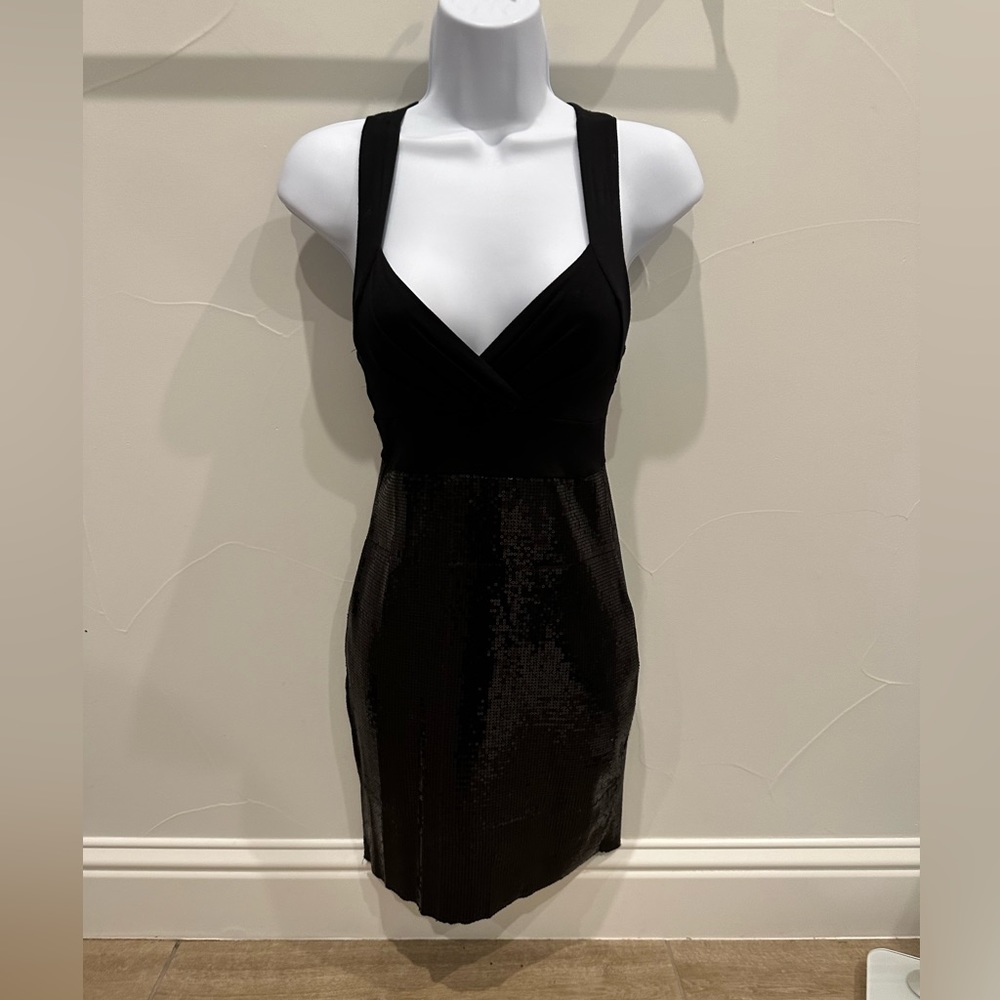 A Is For Audrey Black Sequin Bodycon Dress V-Neck Cross Back Small NWT